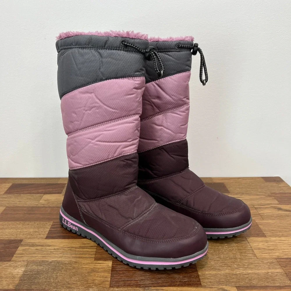 LL Bean Kids Winter Boots 5 Knee High Puffer Purple Color Block Outdoor Snow